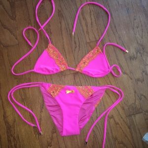 Neon pink orange lace Swarovski bikini set